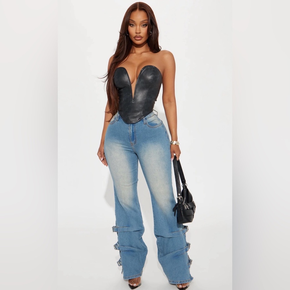 Fashion Nova Black Leather-Look Strapless Corset Crop Top